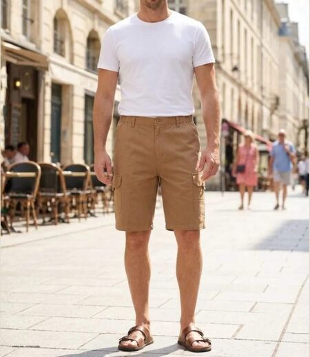CHALLENGER INCA3 : Bermuda en coton camel pour homme avec taille élastiquée tout confort