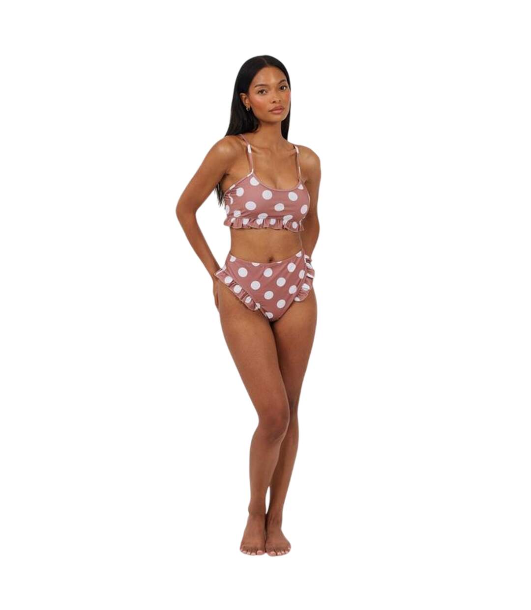 Womens/ladies Polka Dot Scoop Neck Bikini Top Tan White Brave Soul-4