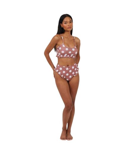 Womens/ladies Polka Dot Scoop Neck Bikini Top Tan White Brave Soul