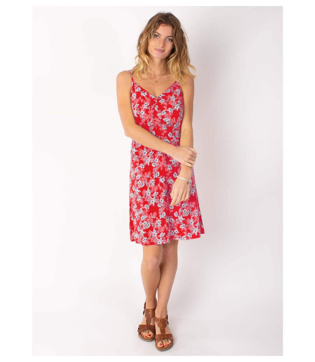 Robe courte fines bretelles BEA fleurie rouge Coton Du Monde