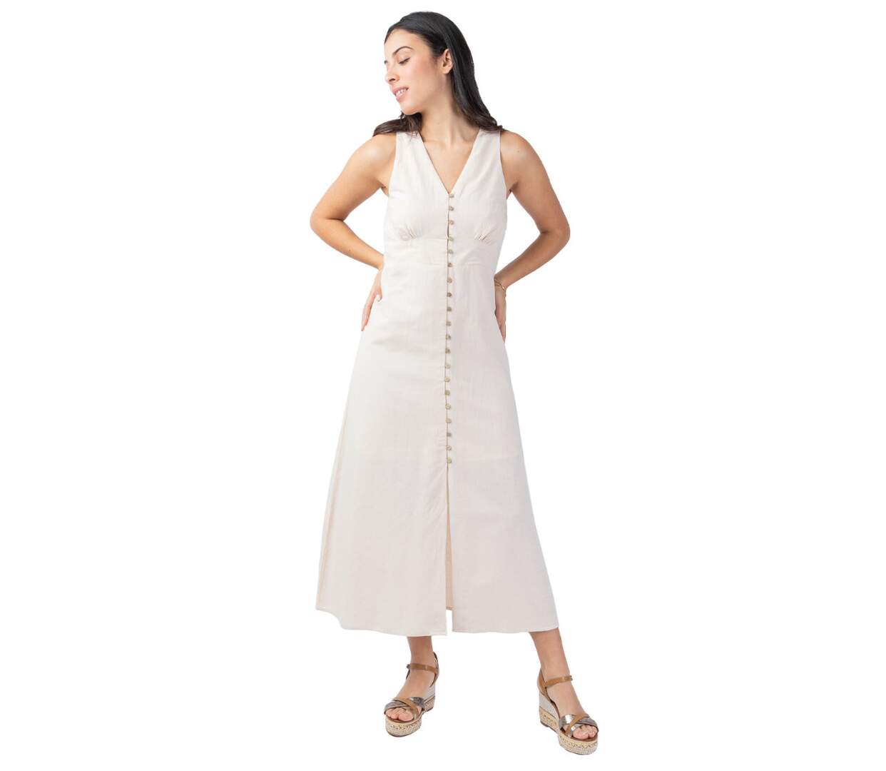 Robe longue coupe cintrée SERAPHINE beige Coton Du Monde-1