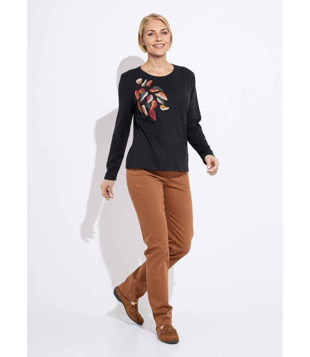 T-shirt col rond uni brodé manches longues-3