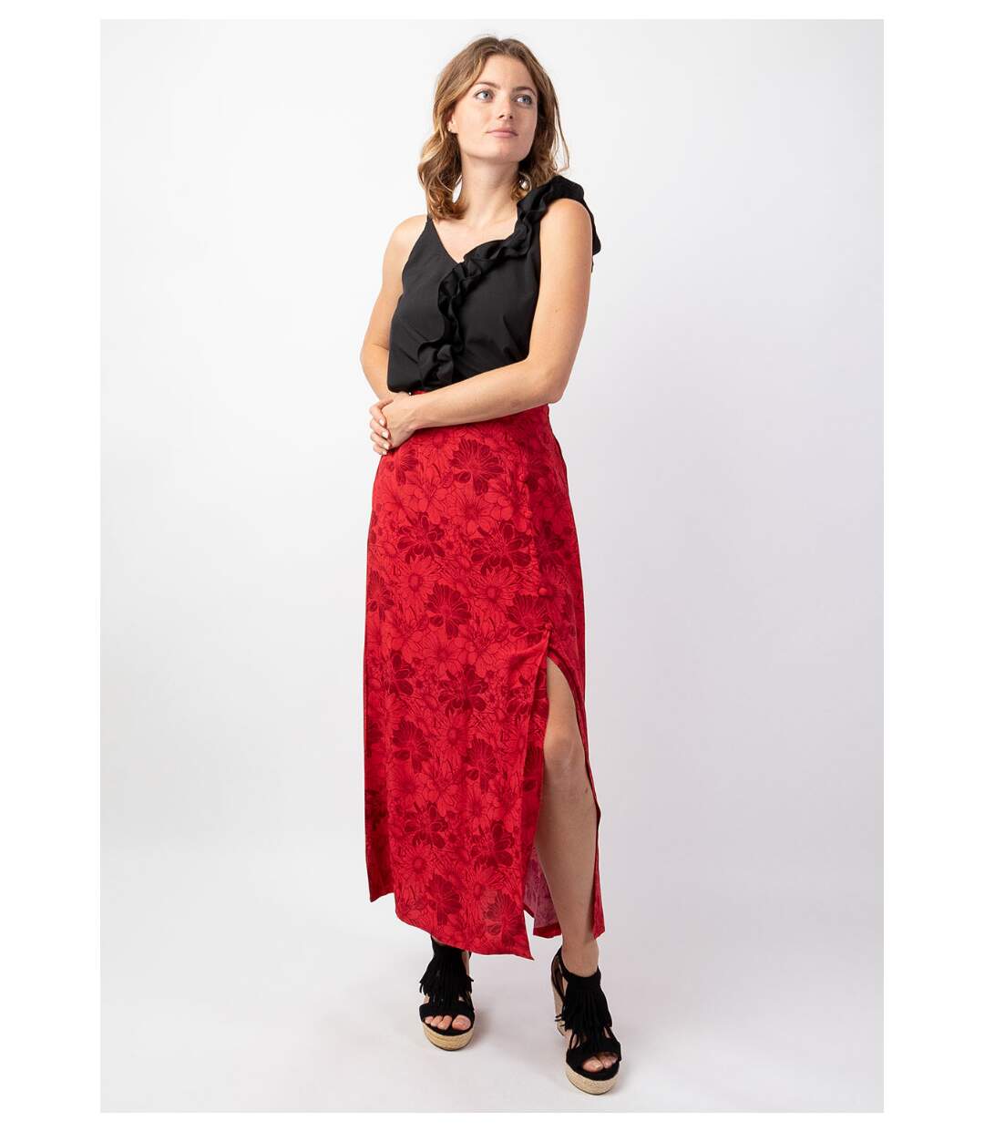 Jupe longue femme été en viscose LIBERTY motif floral rouge Coton Du Monde-2