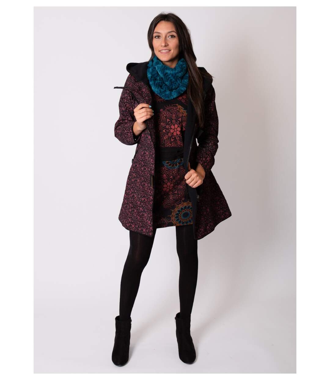 Manteau doublé polaire OLENIO fleuri bordeaux Coton Du Monde