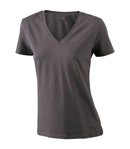 T-shirt col V - extensible - JN928 - GRIS charbon - femme - manches courtes