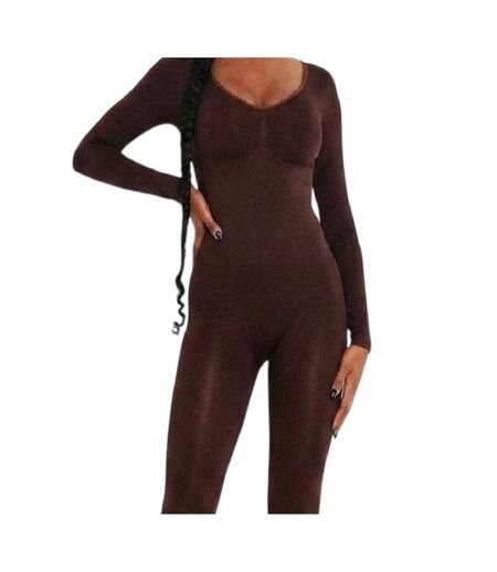 Womens/ladies Plunge Bodycon Long-sleeved Jumpsuit Chocolate Missy Empire