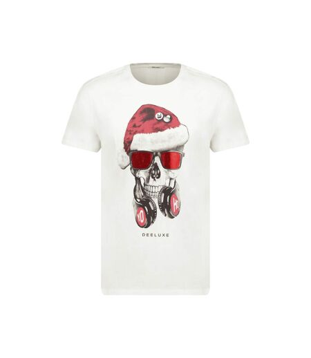 tshirt col rond avec tête de mort avec bonnet de père noël, lunettes rouges et casque audio XMAS