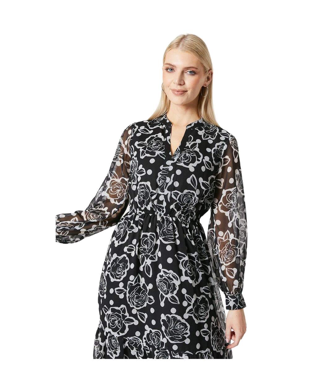 Womens/ladies floral contrast collar midi dress monochrome Principles