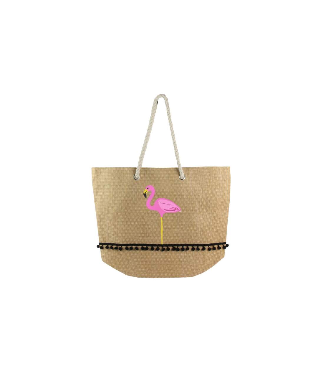 Sac Cabas à Pompons Flamant Rose 55cm Naturel-1