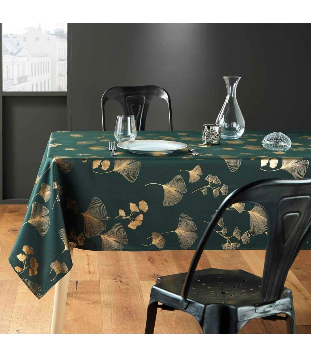Nappe Imprimé Métallisé Bloomy 150x240cm Vert & Or-3
