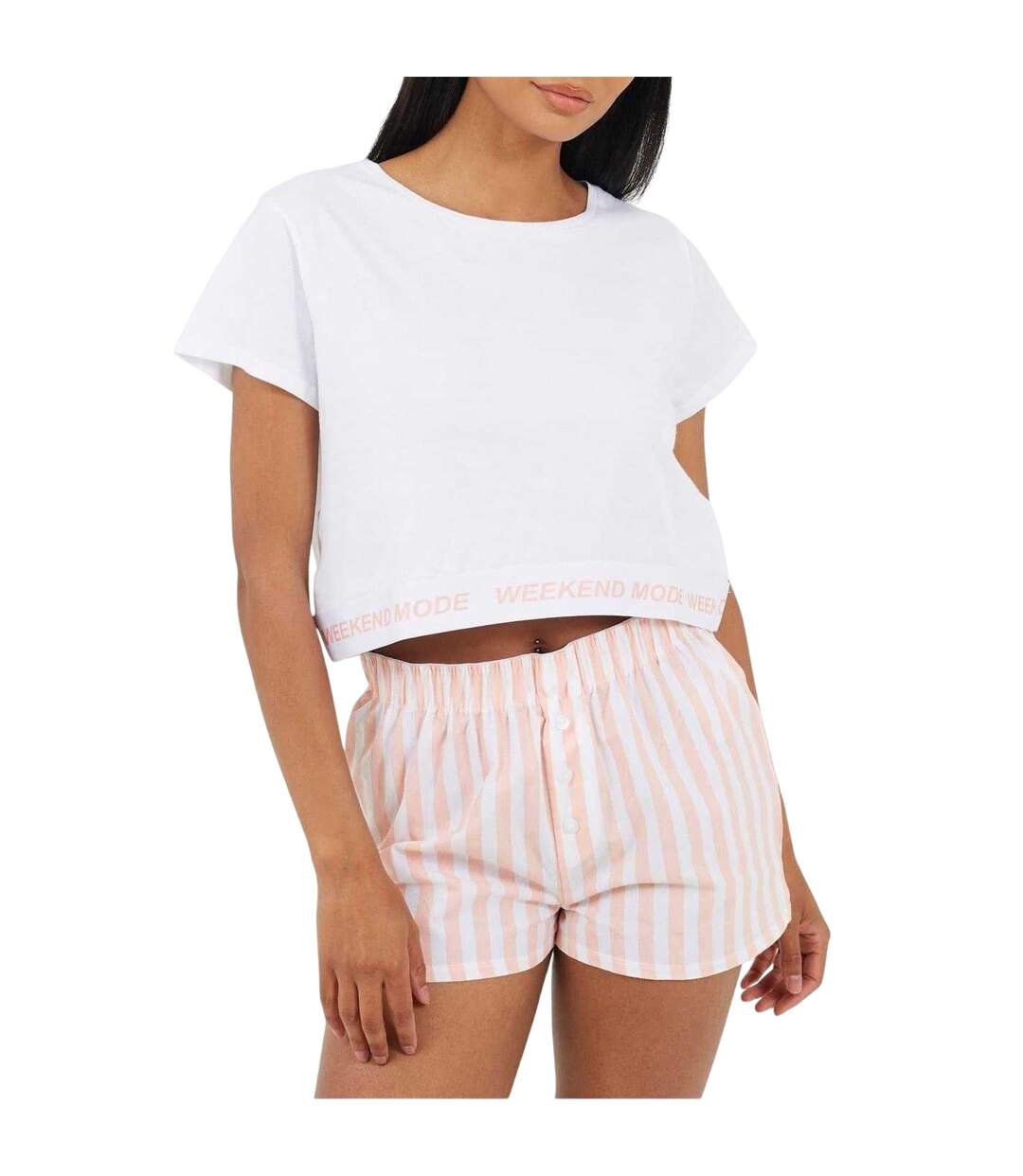 Ensemble De Pyjama Court Motif/style À Rayures Weekend Mode Femme Blanc Corail Brave Soul-2