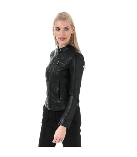 Womens/ladies Bandit Faux Leather Biker Jacket Black Only