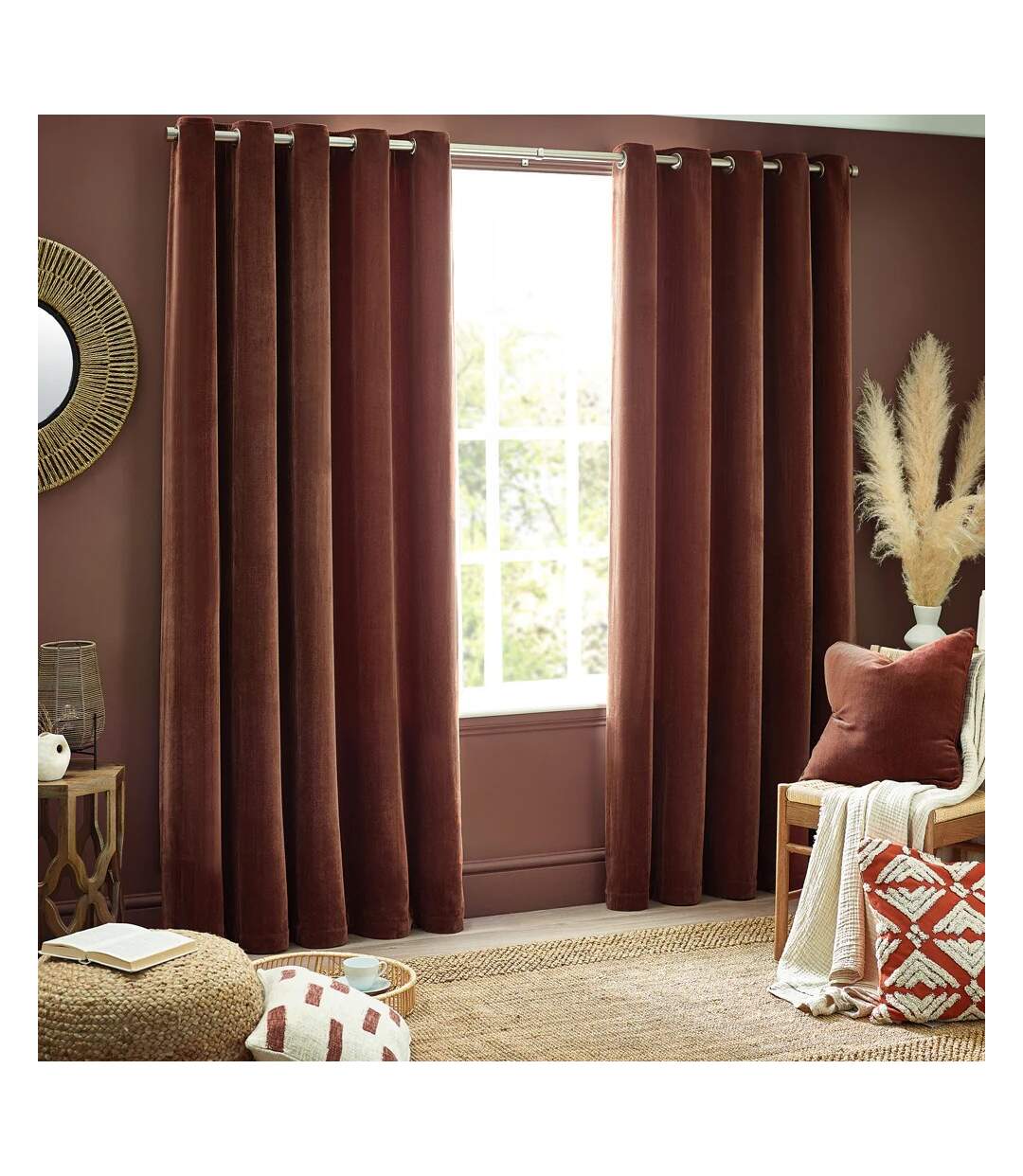 Chenille velvet eyelet curtains 168cm x 137cm nutmeg Yard-1