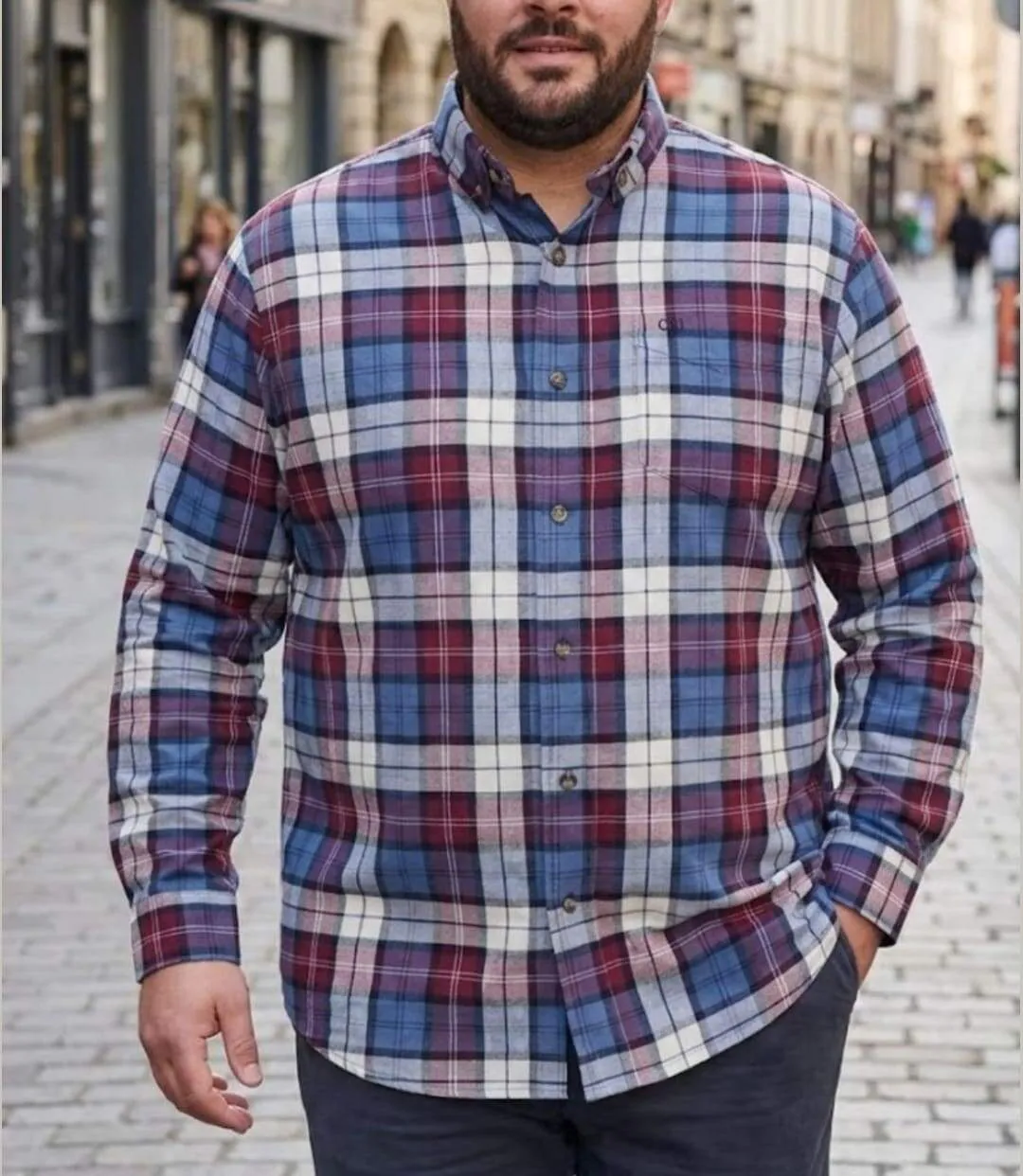 CHALLENGER CH2026 — Chemise à carreaux manches longues bordeaux et bleu : chaleur en Coton gratté et coupe confort-1
