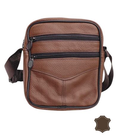 Sacoche bandoulière homme en cuir de vachette - Marron, multi poches et sangle réglable