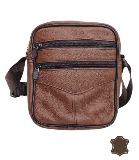 Sacoche bandoulière homme en cuir de vachette - Marron, multi poches et sangle réglable