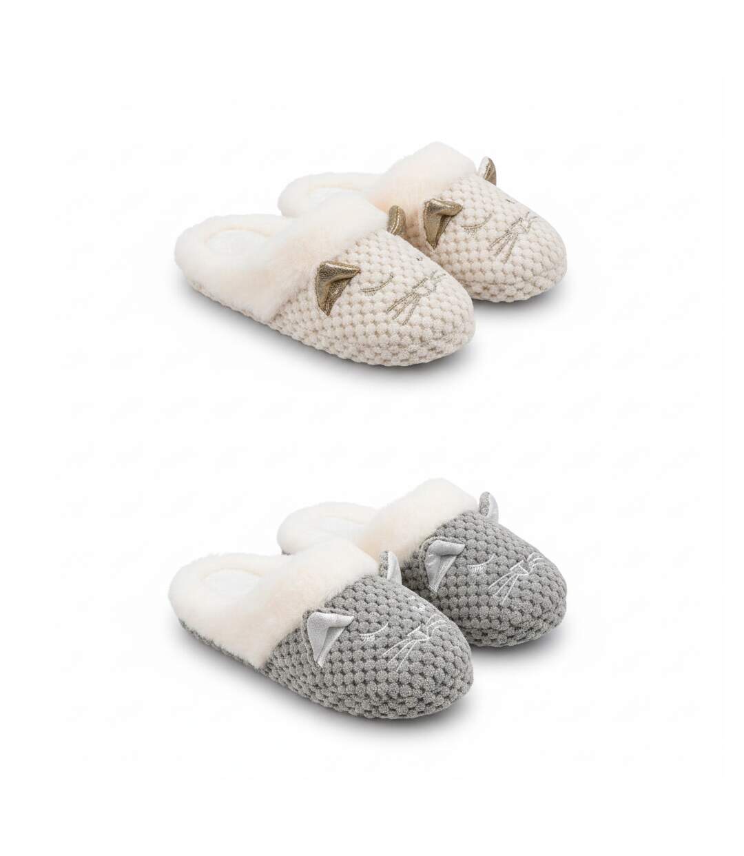 OZABI Pack 2 Paires Mules Femme Motif Chat Doublure Fausse Fourrure-3