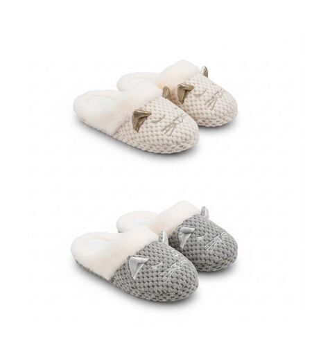 OZABI Pack 2 Paires Mules Femme Motif Chat Doublure Fausse Fourrure