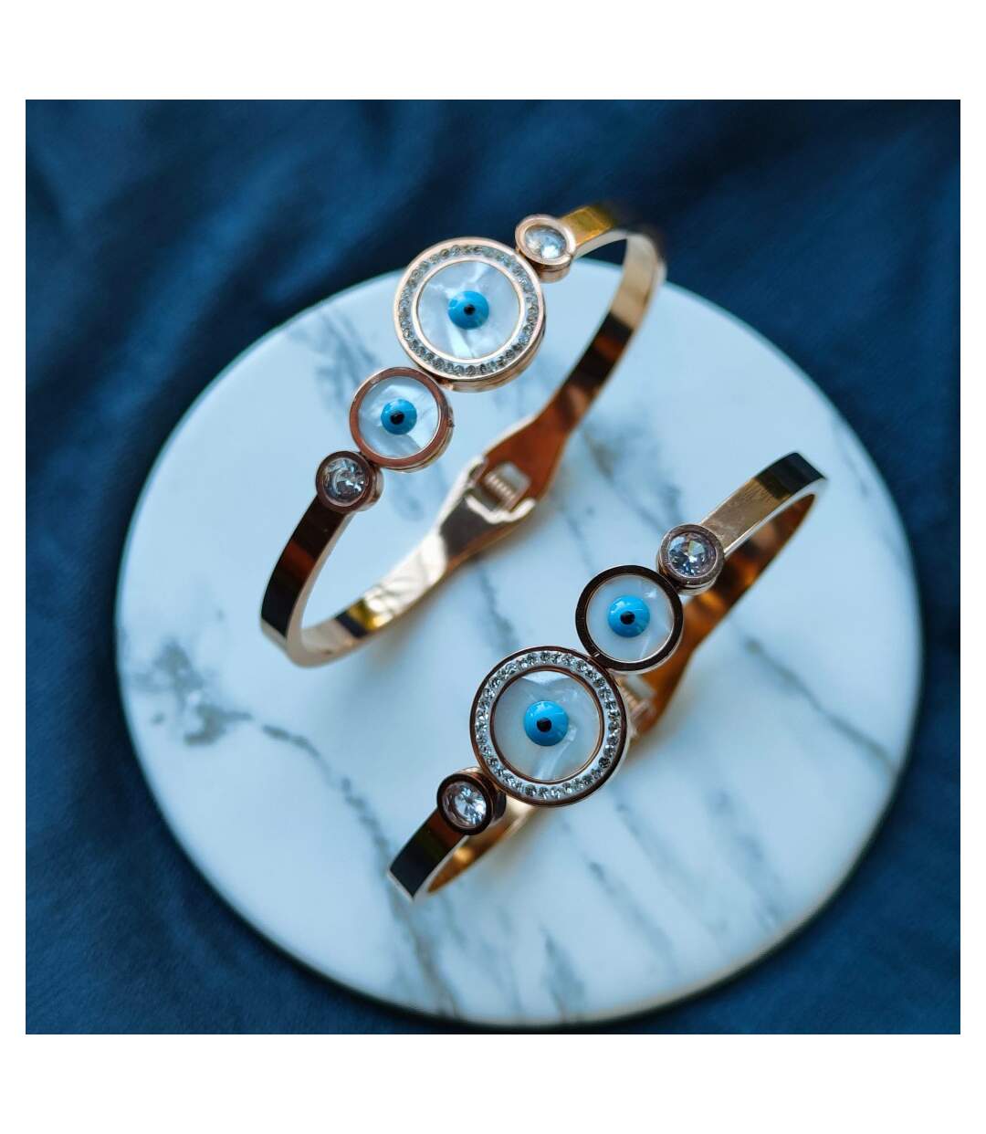 Evil Eye Round Brass White Enamel Gold Zircon Armlet Bangle-1