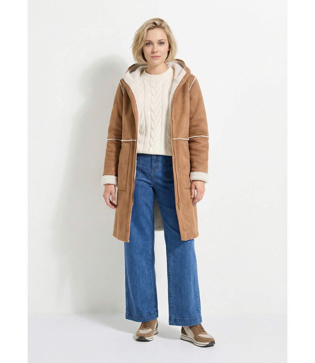 Manteau zippé à capuche effet peau lainée chaud-3