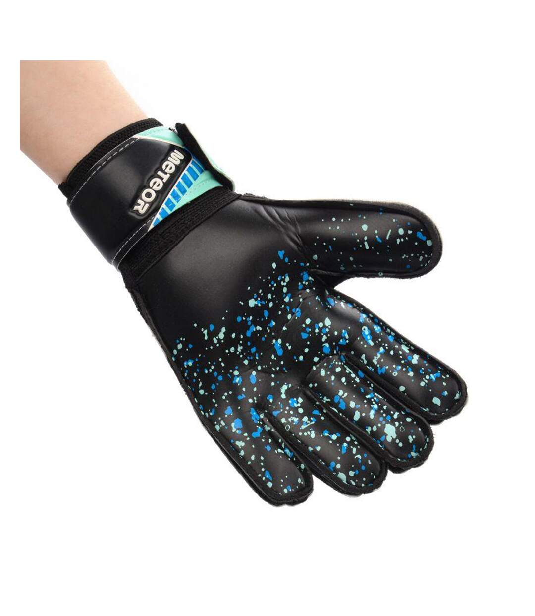 Childrens/kids Defense Logo Goalkeeper Gloves Black Teal Green Blue Meteor-4