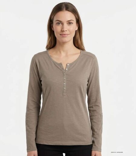MAYFLOWER NINON3 : Tee-shirt manches longues taupe en coton flammé avec patte boutonnée