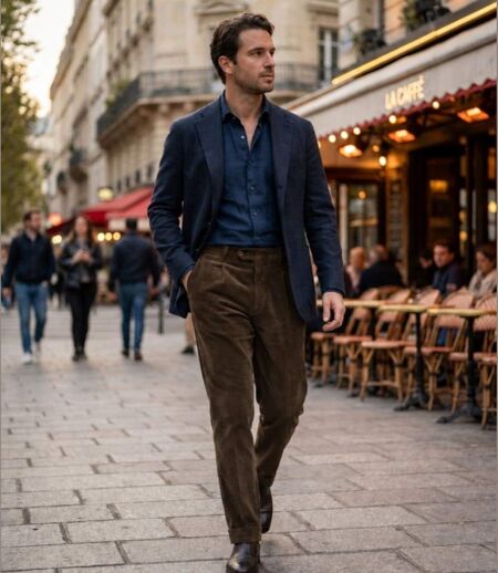 MAYFLOWER D373 — Pantalon velours extensible marron : confort stretch et taille haute
