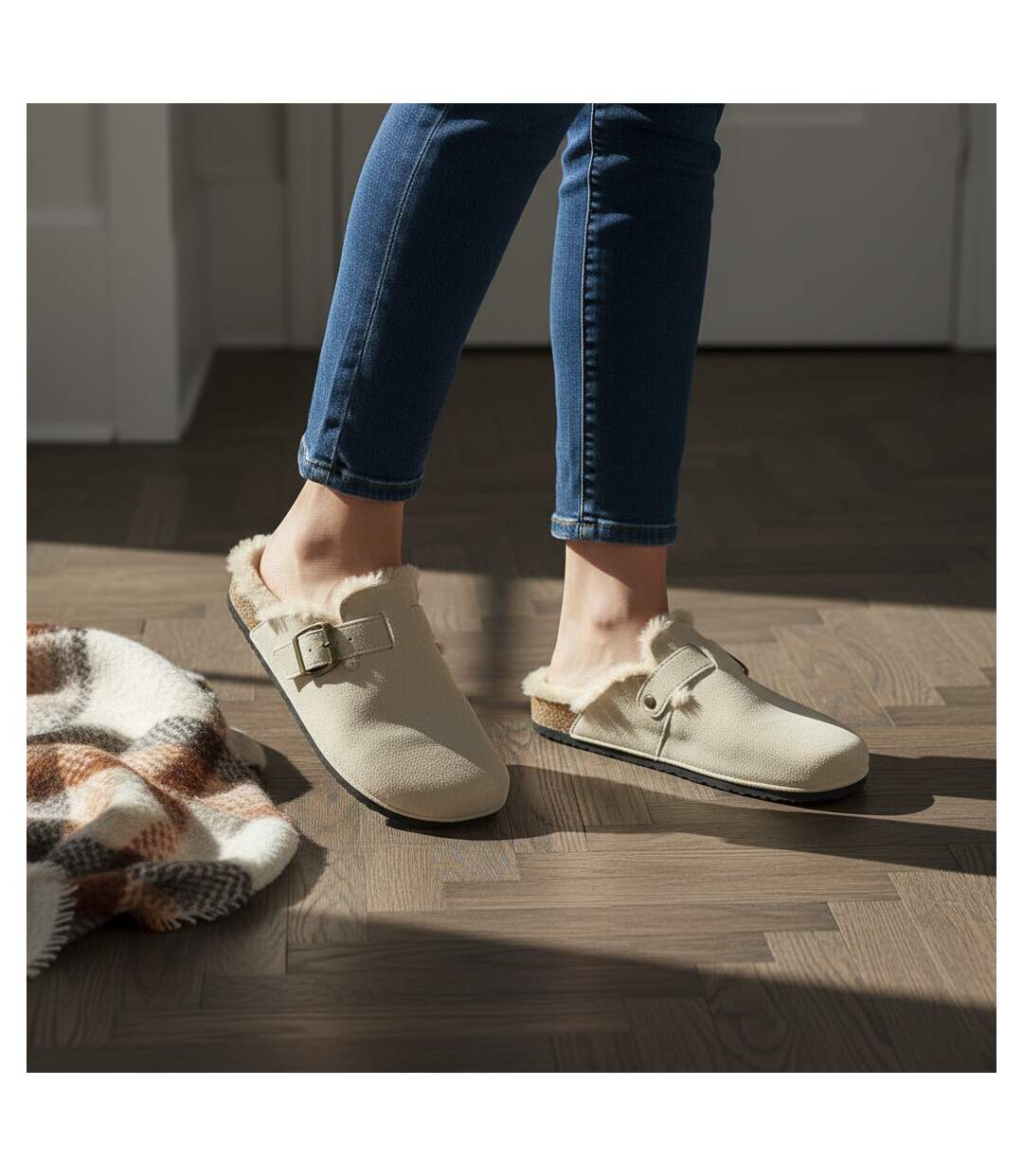 OZABI Sabots Mules Femme Fourrées Suédine Boucle Ajustable-2
