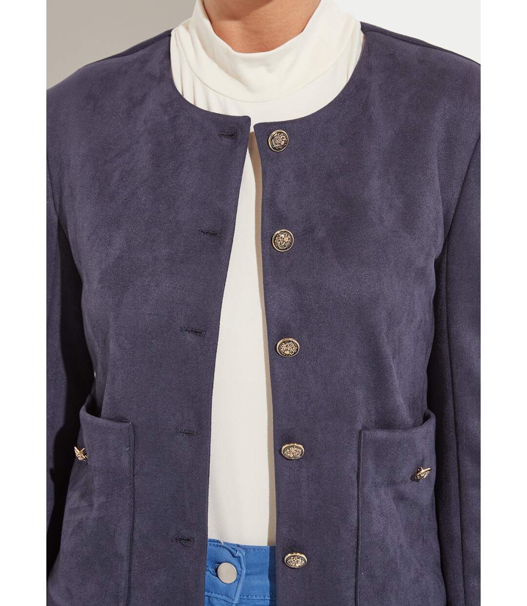 Veste sans col boutonnée courte marine-4