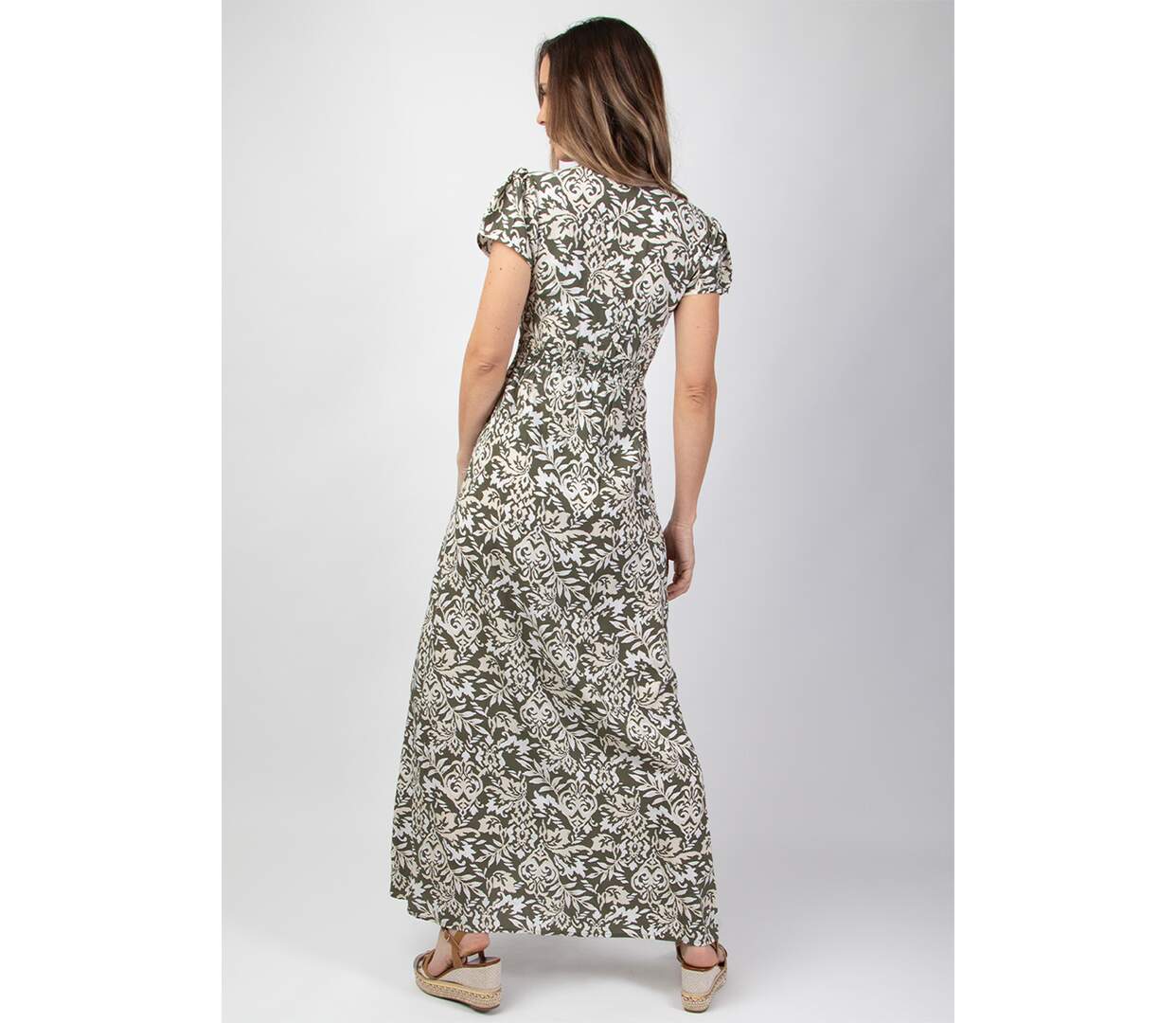 Robe longue manches courtes  MARBELLA kaki et beige Coton Du Monde-4