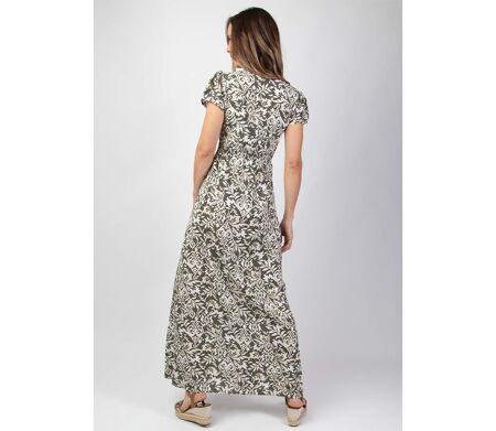 Robe longue manches courtes  MARBELLA kaki et beige Coton Du Monde
