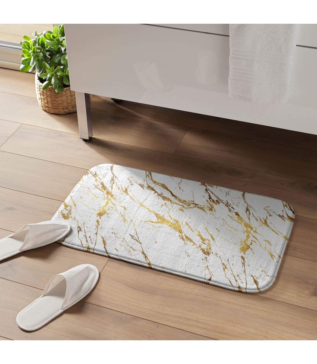 Tapis de Bain Imprimé Aquamarbre 45x75cm Blanc & Or-5