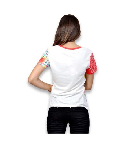 Tee shirt femme manches courtes avec motif multicolore col rond
