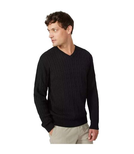 Mens premium cable cotton v neck jumper black Maine