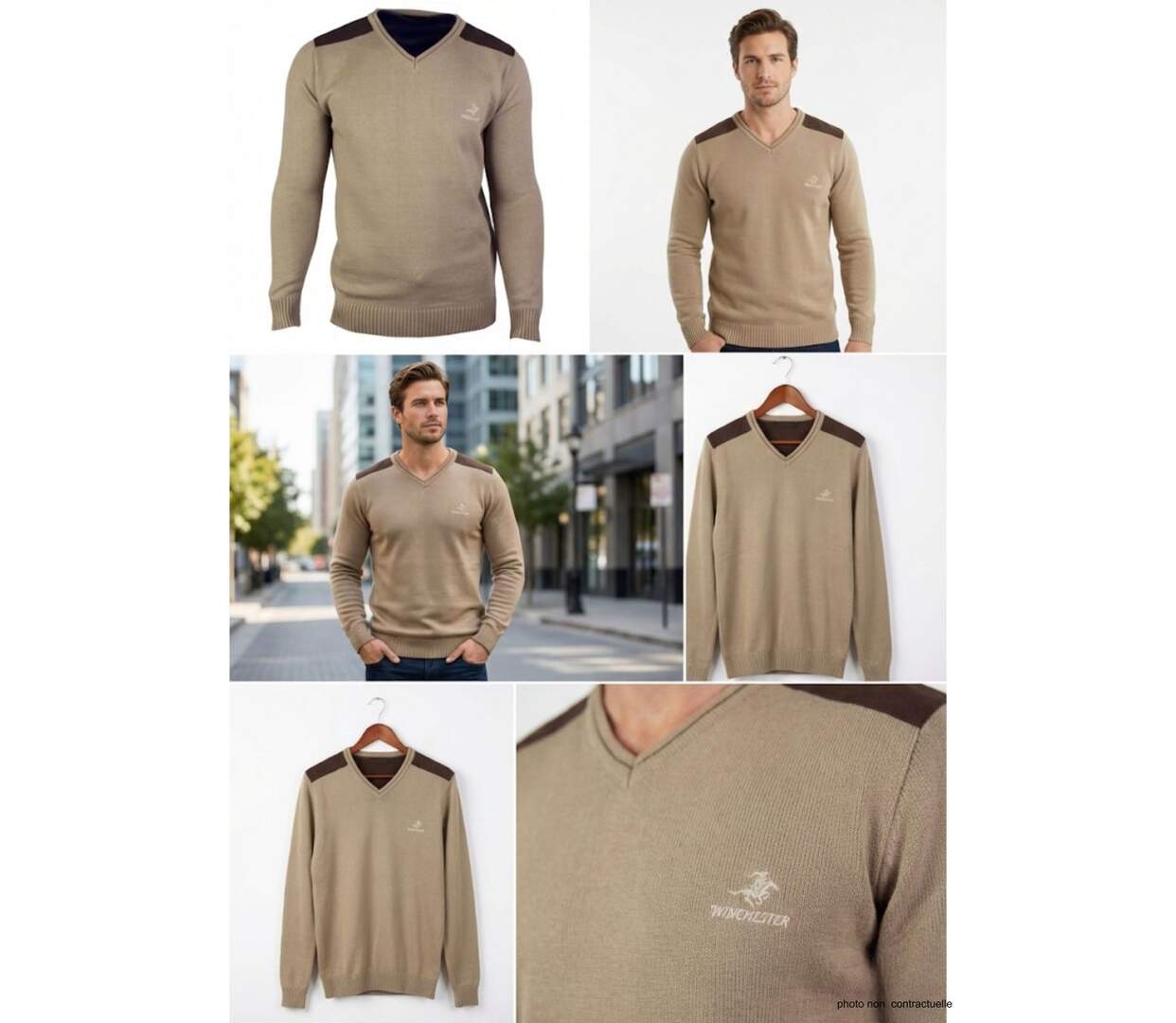Pull Col V Homme Winchester Panel1 Beige avec Renforts Suédine-3