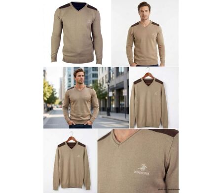 Pull Col V Homme Winchester Panel1 Beige avec Renforts Suédine