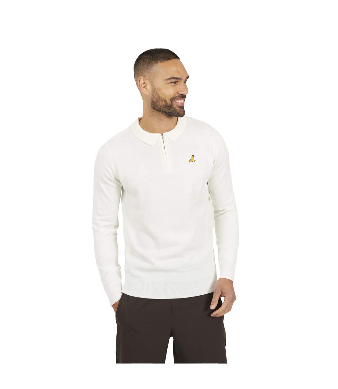 Mens Knitted Quarter Zip Long-sleeved Polo Shirt Off White Brave Soul-1