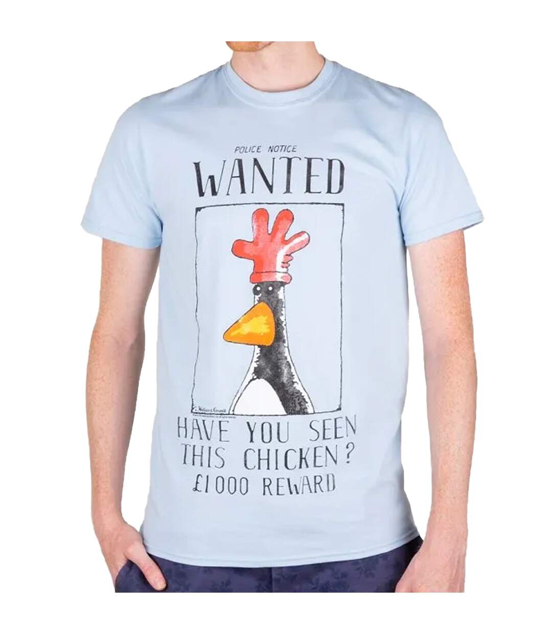 T-shirt Motif Feathers Mcgraw Motif/style Poster ´wanted´ Adulte Bleu Wallace And Gromit-3