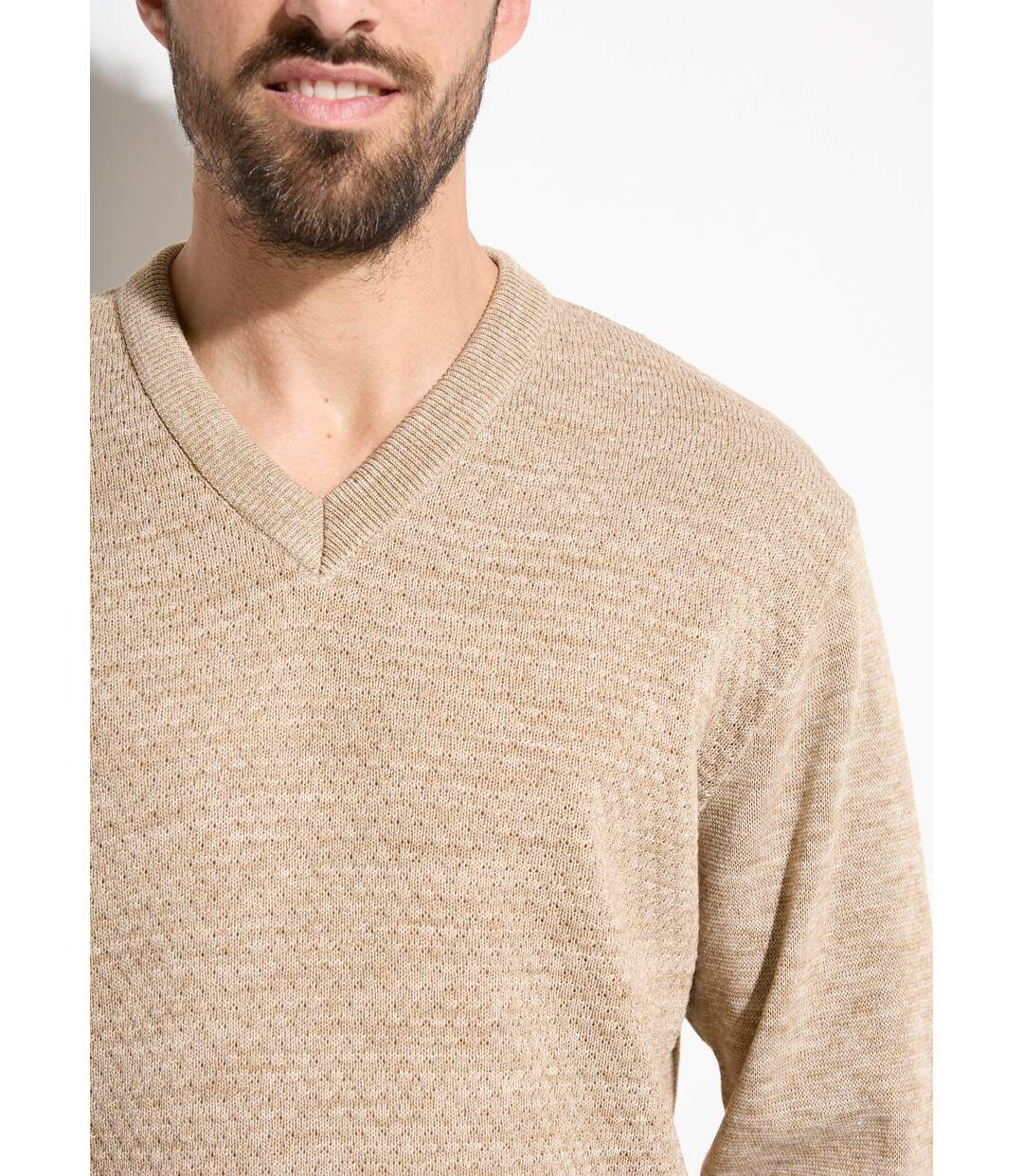 Pull maille fantaisie laine col V manches longues-4