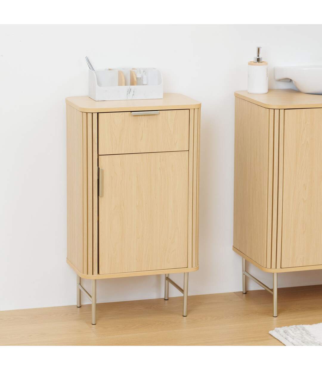 Meuble bas 1 porte et 1 tiroir effet bois clair LIORA - Beige-3