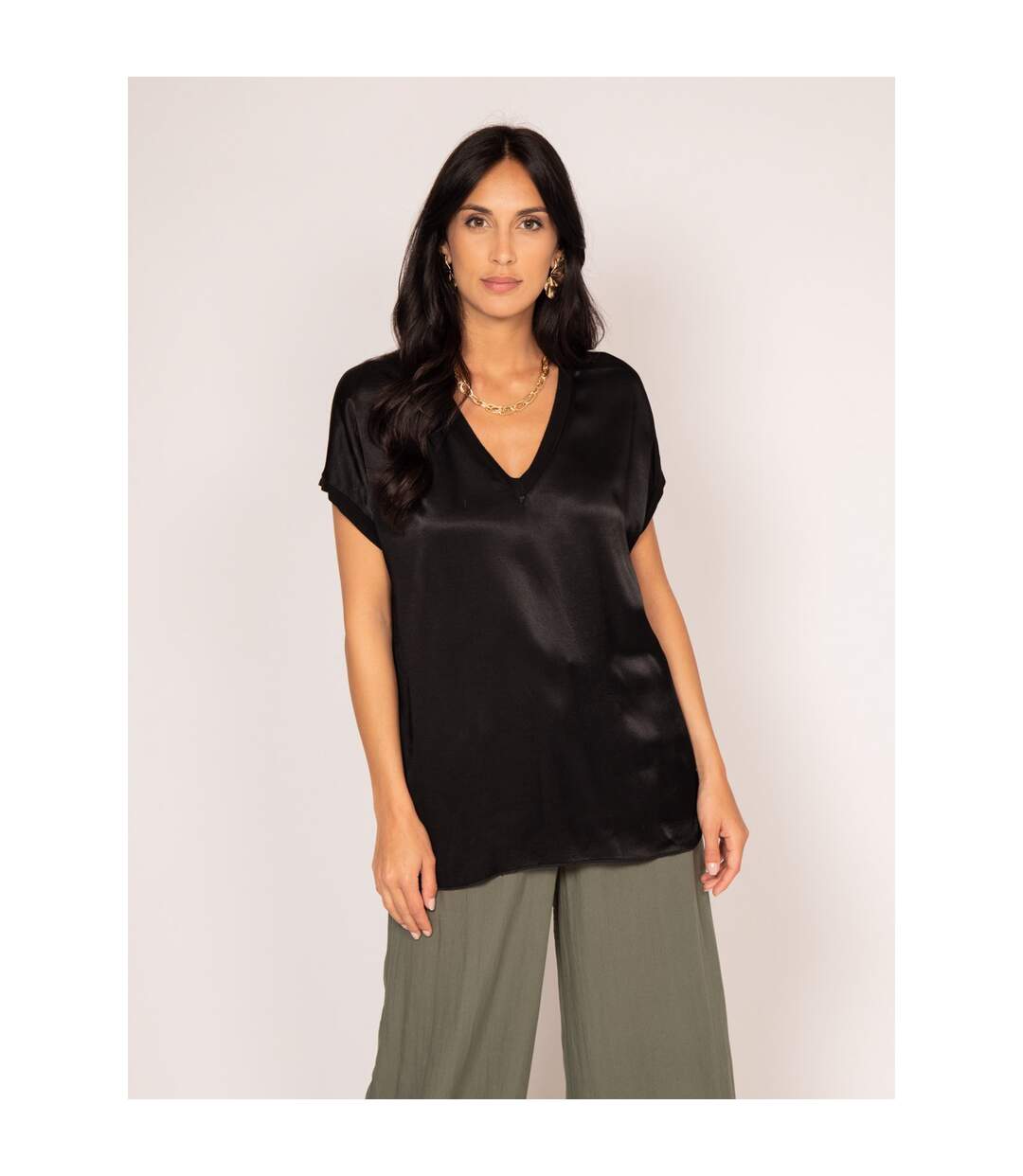 T-shirt col V satin FENTA - Dona X Lisa-1