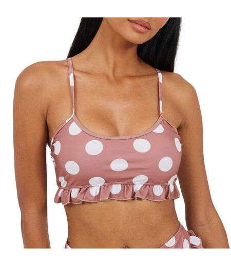 Womens/ladies Polka Dot Scoop Neck Bikini Top Tan White Brave Soul