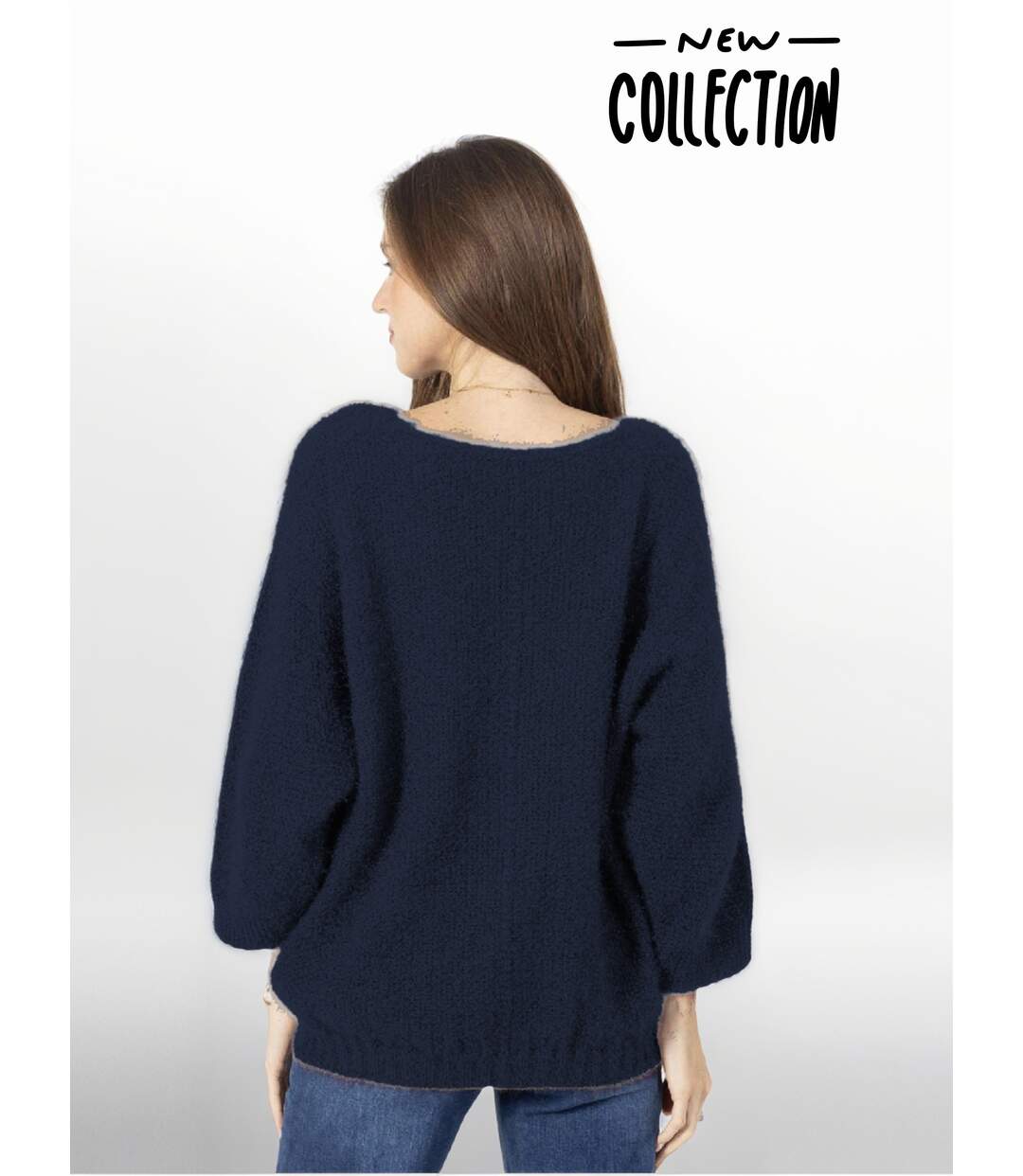 Pull femme manches longues - Couleur bleu jean - Col en pointe-2