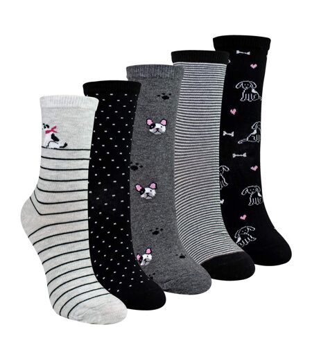 5 Pairs Ladies Dog Patterned Socks - Soft Cotton Rich Fun Dog Design Socks