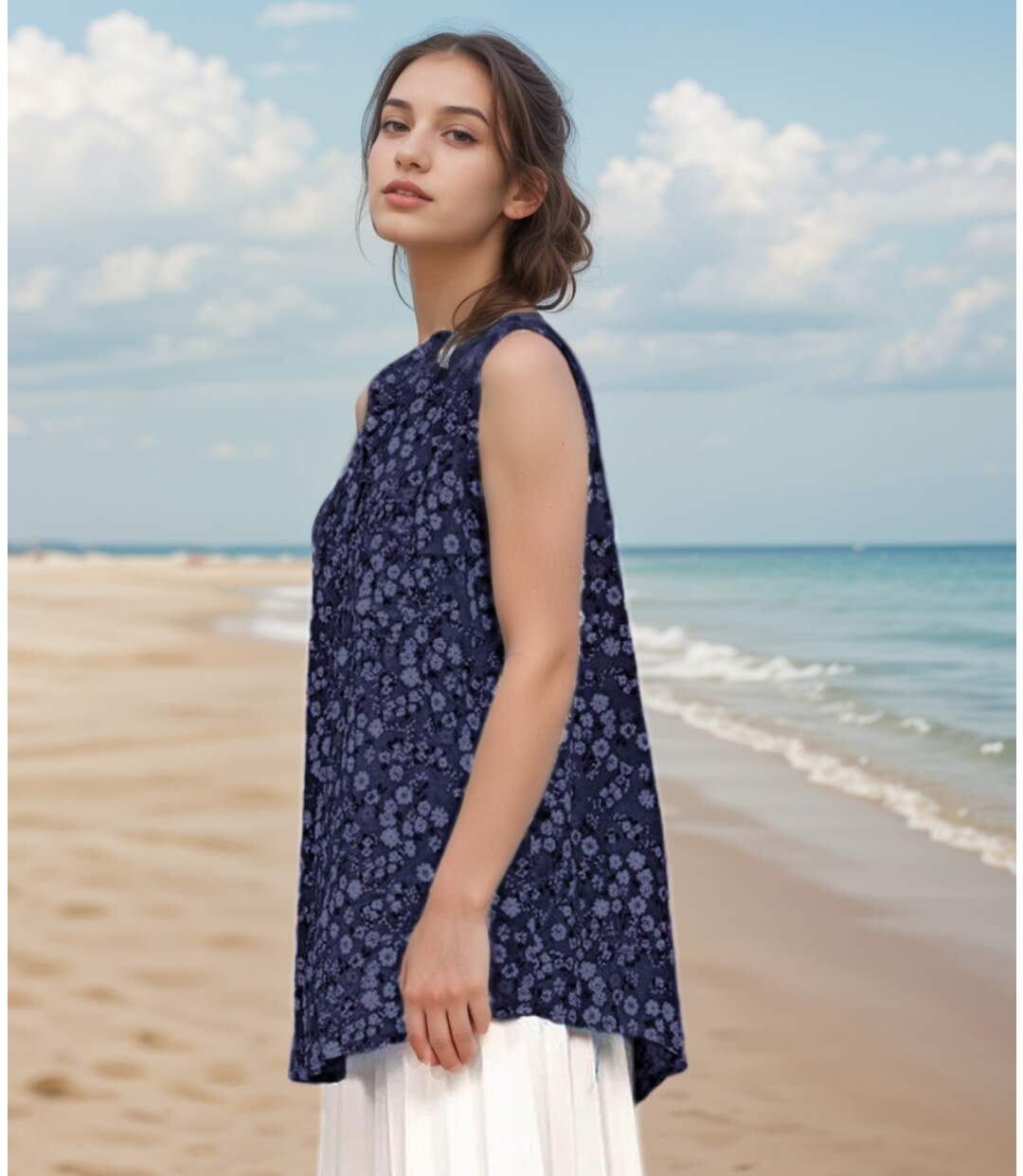 Tunique d'été fleurie sans manches - Blouse légère en bleu marine pour femme, idéale pour les beaux jours-3
