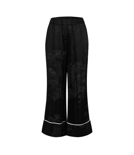 Womens/ladies Floral Pattern Wide Leg Pyjama Bottoms Black Off White
