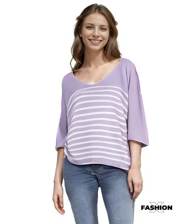 Pull femme rayé - Pull col en V - Manches 3/4 - Couleur violet