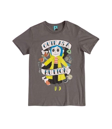 Womens/ladies Cute As A Button Doll Fitted T-shirt Black Charcoal Coraline
