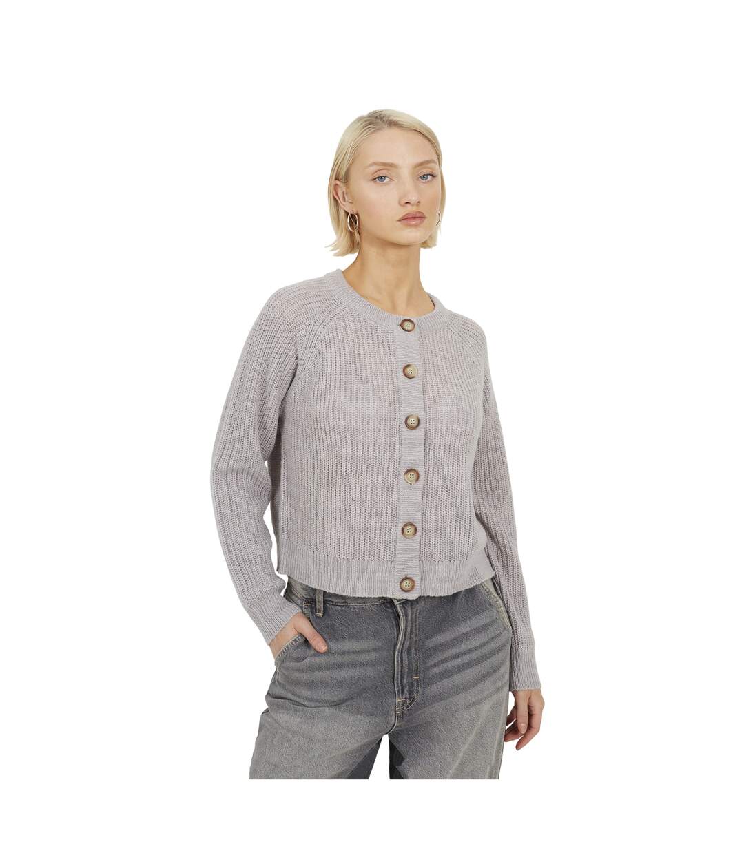 Womens/ladies Lawson Knitted Crew Neck Raglan Cardigan Grey Brave Soul-1
