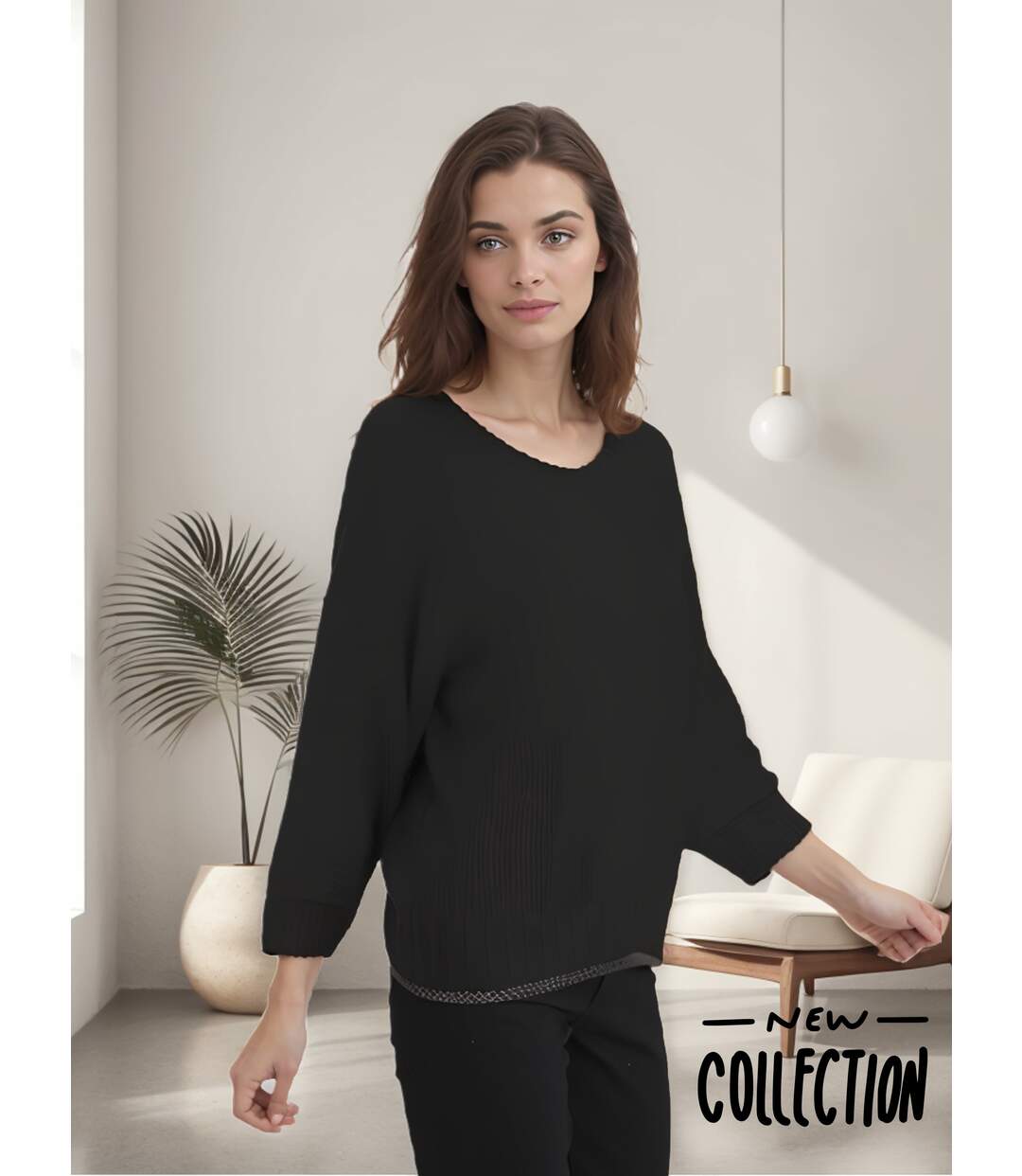 Pull femme manches longues - Couleur noir - Col en pointe